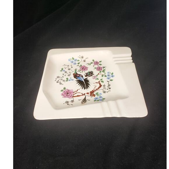 MCM Large Peacock Ashtray Pink Blue Flowers Tree Gold Gilt Accents Asian Art - Picture 2 of 9